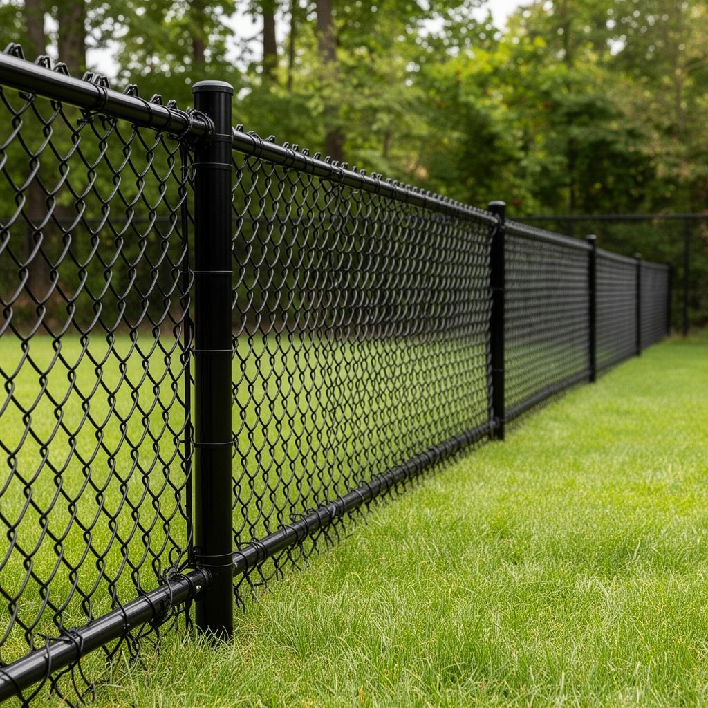 Black vinyl-coated chain link fence installation